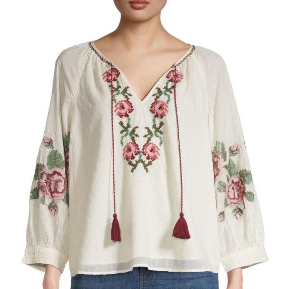 CHELSEA & THEODORE Embroidery Peasant Top